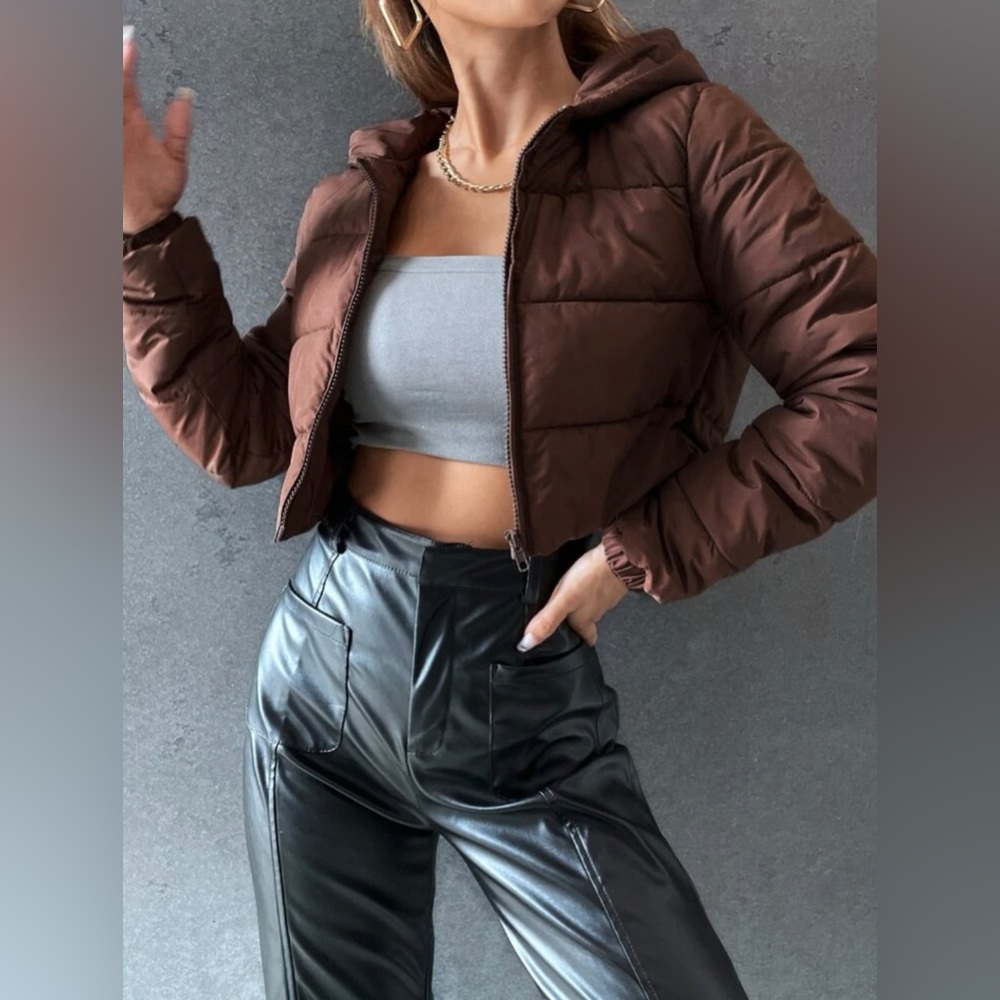 Zip Up Hooded Cropped Puffer Coat
